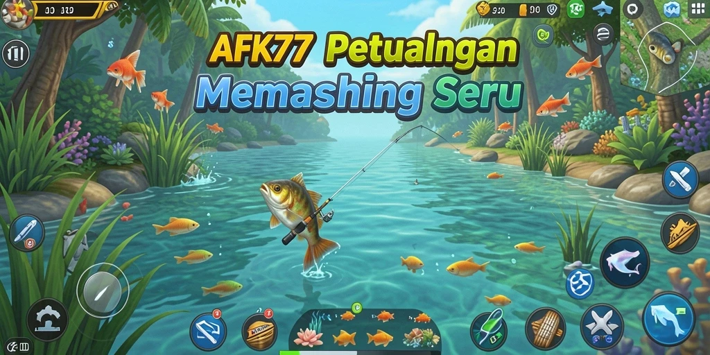 Screenshot gameplay AFK77 menampilkan momen seru saat memancing.