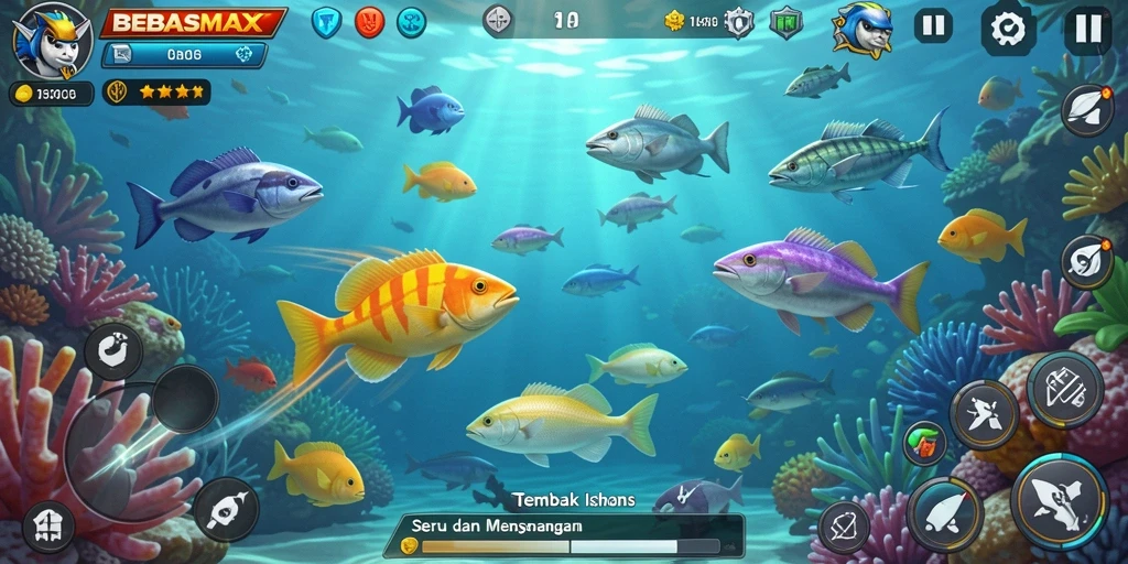 Screenshot gameplay BEBASMAX yang menunjukkan aksi menembak ikan.