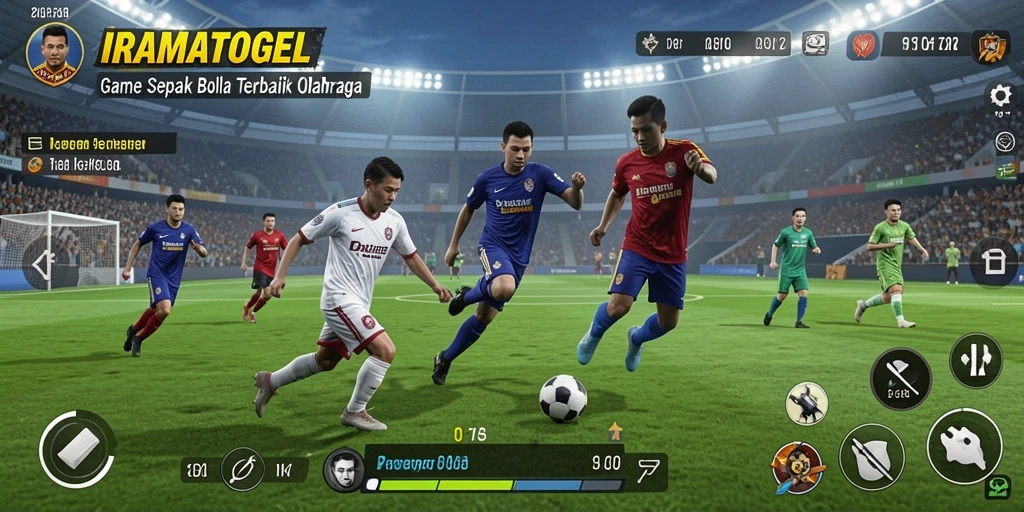 Tampilan gameplay IRAMATOGEL menunjukkan aksi penuh laga sepak bola yang seru.