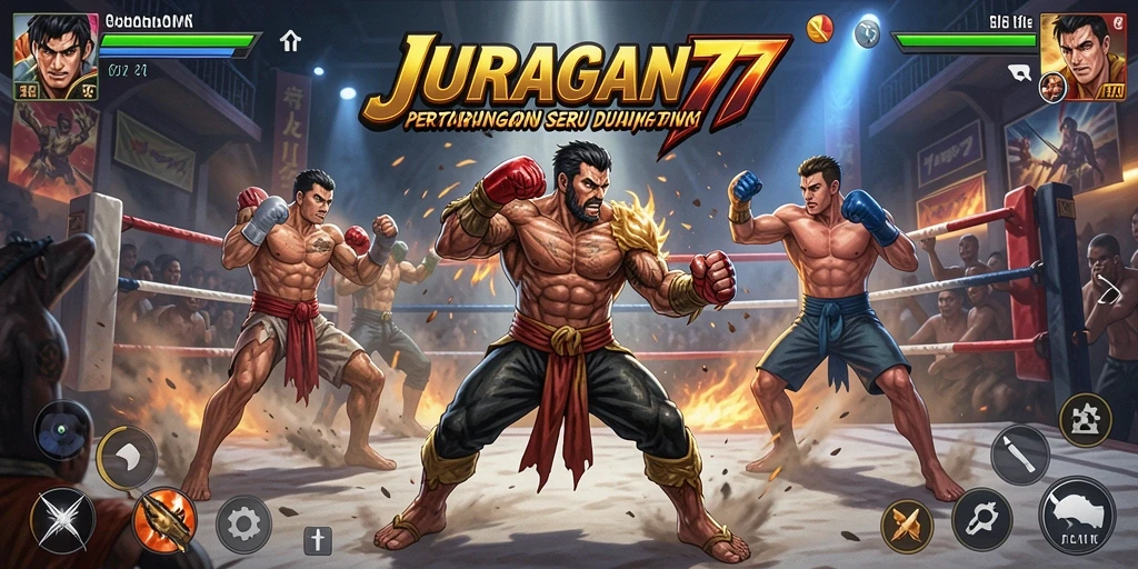 Screenshot utama JURAGAN77 menampilkan pertarungan intens dan karakter unik.