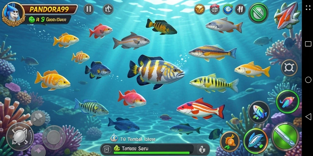 Tampilan dinamis gameplay Tembak Ikan PANDORA99 yang seru.