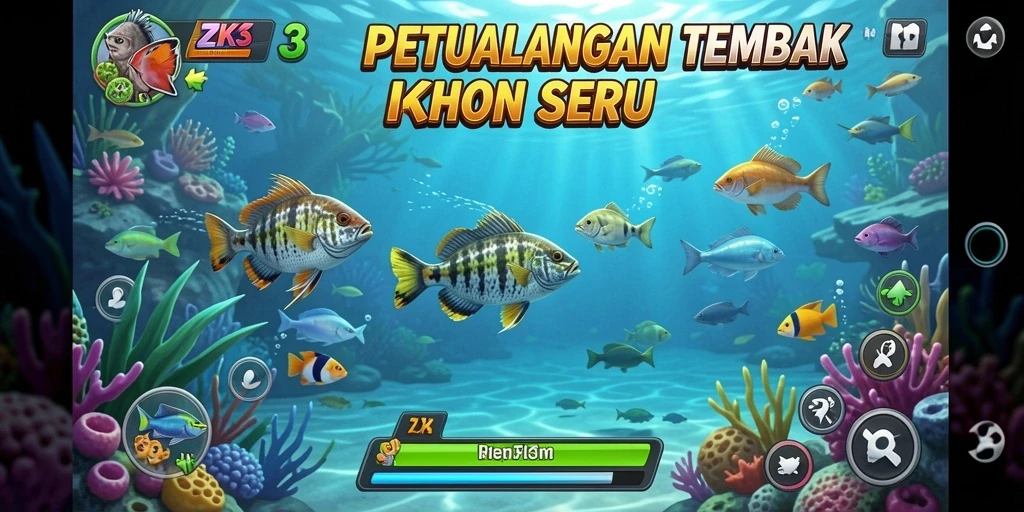 Screenshot gameplay ZK3 menampilkan aksi menembak ikan yang mendebarkan.